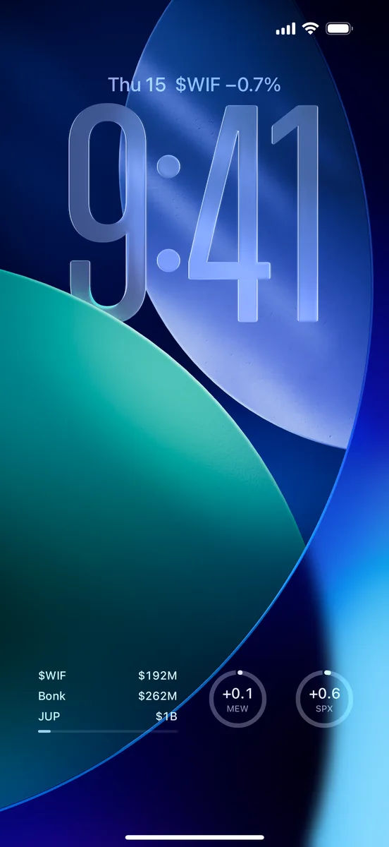 Lock Screen with widgets showing $WIF, Bonk and JUP market caps